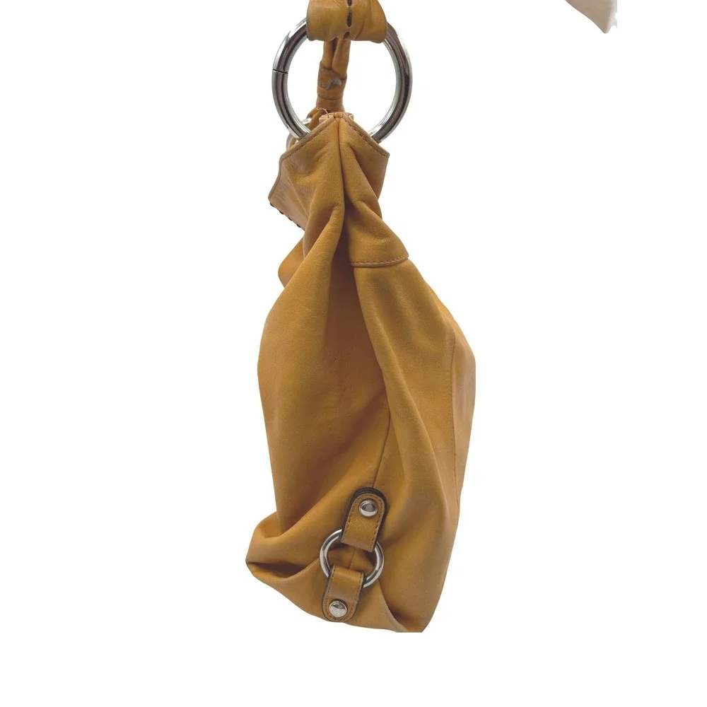 B. Makowsky Hobo Bag Women Large Mustard Yellow Leather Whipstitch Ring Handle